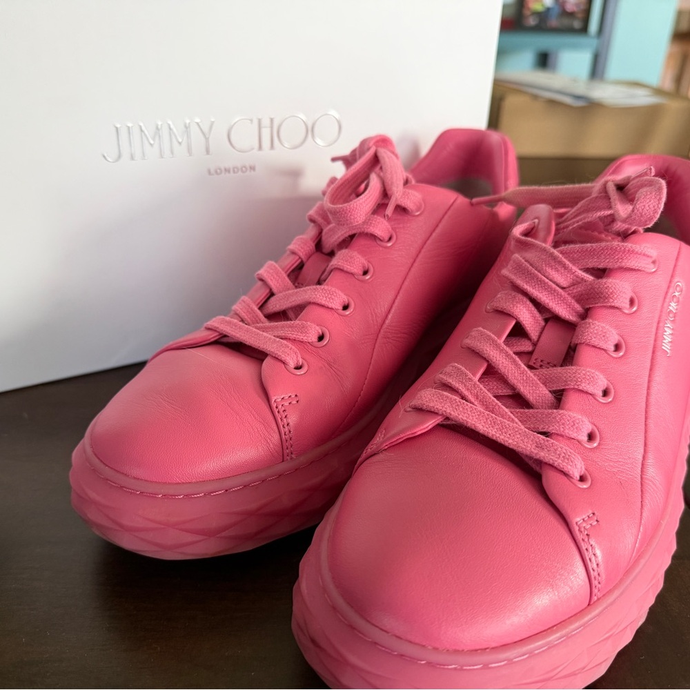 Jimmy Choo Vibrant Pink Diamond Lace-Up Sneakers Sz 40